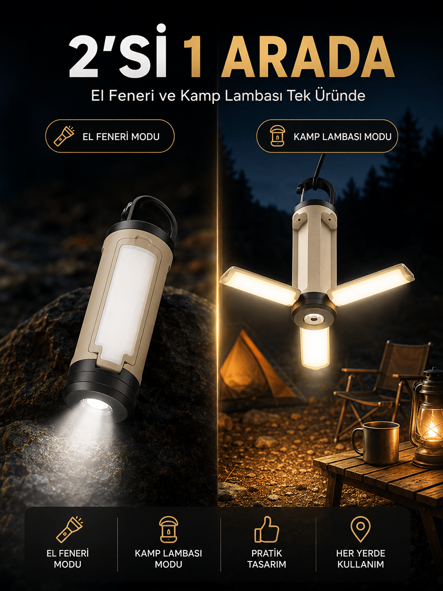 Olinman Açılır Kamp Lambası (USB-C Şarjlı 3 Kanatlı LED)
